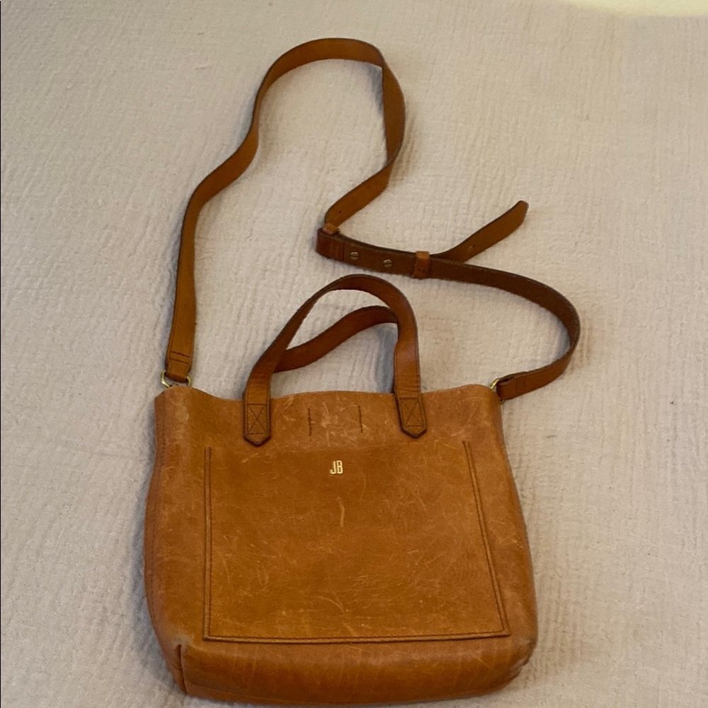 Madewell Monogrammed JB Tan Leather Tote Bag - Versatile Crossbody Strap